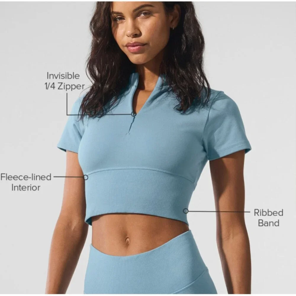 Alo Seamless Winter Warm Plush Cropped Short Sleeve Celestial Blue Zip-Up Henley